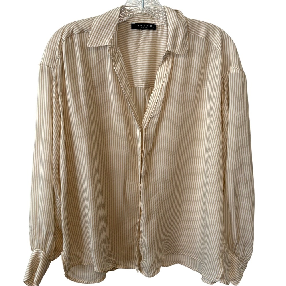 Maven West Women's Khaki and White Striped Heather Tie Front Cupro Top Size‎ XS